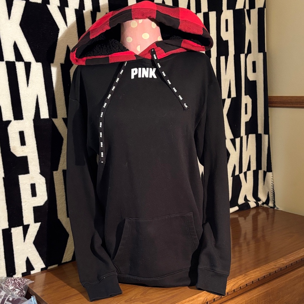 PINK Victoria's Secret Black Hoodie with Red Buffalo Plaid Hood Lining